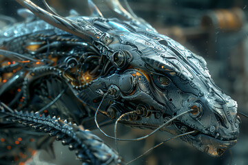 Produce a digital rendering of a mythical dragon intertwined with futuristic cybernetic enhancements at eye-level angle Add a dramatic Dutch angle for a unique perspective
