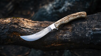 Hunting knife with bone handle resting on burnt log