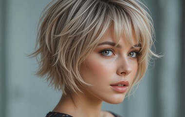 Naklejka premium Portrait of a beautiful woman with the latest trendy casual hairstyle