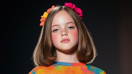 Young Girl with Colorful Flowers in Hair and Bright Sweater Portrait on Dark Background