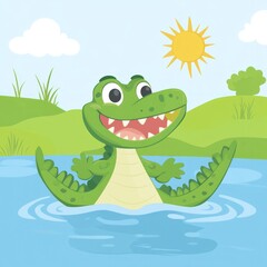 Naklejka premium Happy green alligator in water with sun and clouds in a cartoon landscape