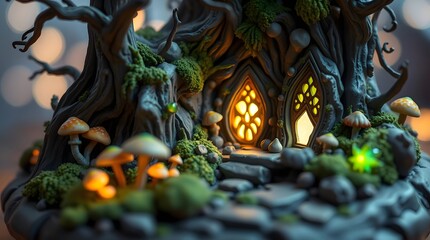 Enchanted Treehouse at Night: A whimsical, handcrafted treehouse nestled within the roots of an ancient tree, illuminated by soft, warm lights, surrounded by glowing mushrooms and moss.