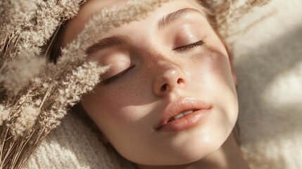 Beautiful woman with freckles relaxing with closed eyes near dry plants