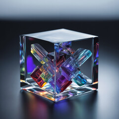 Fototapeta premium Glass transparent cube with coloured crystals inside 3D 