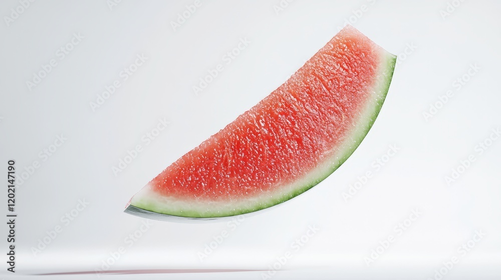 Poster Studio shot of a single slice of refreshing watermelon hovering in the air, showcasing its vibrant red flesh and green rind against a clean white backdrop, perfect for summer themed projects