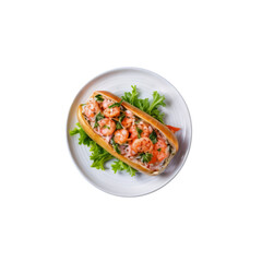 Shrimp Roll on Plate: A delectable shrimp roll, brimming with succulent shrimp in a creamy sauce, rests on a bed of fresh lettuce on a pristine white plate.  The perfect summer meal.