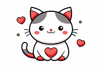 Cute cartoon kitten with a red heart in kawaii chibi style