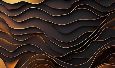 Abstract dark background with layered wavy lines in dark brown and gold colors
