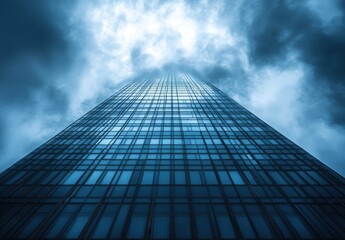 Fototapeta premium Dramatic Perspective of a Modern Skyscraper Reaching Towards a Gloomy Sky with Clouds, Symbolizing Ambition, Growth, and Urban Architecture