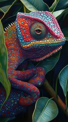 Obraz premium Vibrant chameleon perched on branch amidst lush foliage.