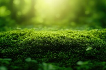 Naklejka premium Lush green moss blankets forest floor, illuminated by soft sunli
