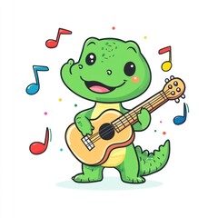 Obraz premium Cute crocodile playing guitar; music notes background; children's illustration; ideal for kids' books