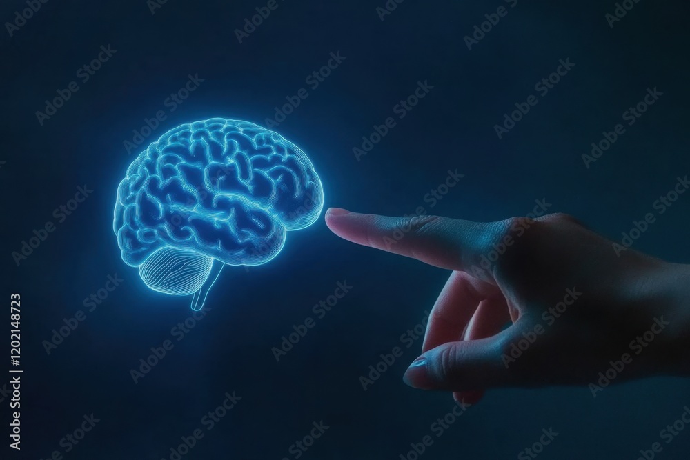 Poster a hand pointing at the glowing brain of an ai robot, symbolizing a human engineer working with artif