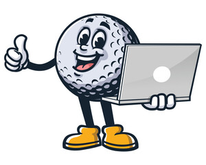 Golf Ball with Laptop,      Cartoon Character Mascot Illustration Vector Clip-art Hand-drawn Logo Design