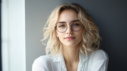 Fototapeta premium Portrait of confident young woman wearing eyeglasses and white shirt