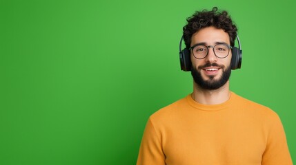 Fototapeta premium Entrepreneur Recording Online Course Content Wearing Headphones Against Green Backdrop for E-Learning and Digital Marketing Promotion