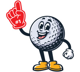 Golf Ball with Foam finger,      Cartoon Character Mascot Illustration Vector Clip-art Hand-drawn Logo Design