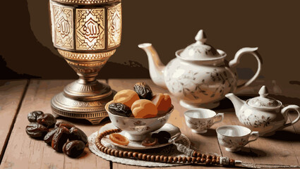 Muslim lamp, dried fruits, tea and tasbih on wooden table Ai Generative