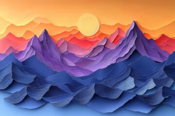 layered paper art mountain range at sunset, pristine peaks in shades of purple and orange, intricate die-cut details creating depth, minimalist geometric style