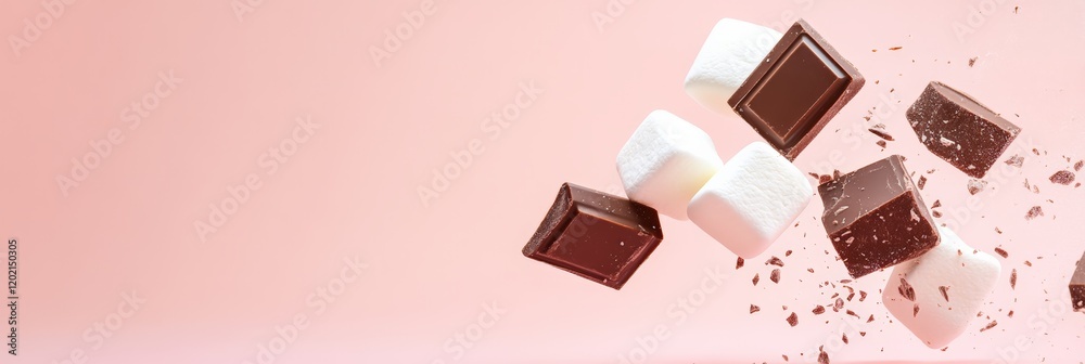 Aufkleber Delicious chocolate and marshmallow cubes are levitating on a vibrant pink background, creating a sweet and tempting scene with a dynamic composition of exploding sugary treats