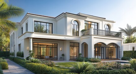 Elegant modern villa with spacious garden and large windows showcasing contemporary architecture in a serene suburban setting surrounded by palm trees