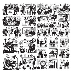 set business flat vector illustration design cartoon character working action style concept. online video conference meeting. finance investment business planning. data analytics. finance investment.
