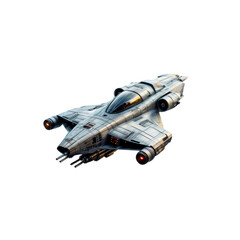 Starship Voyager: A sleek, silver spaceship with twin engines and advanced weaponry, poised for interstellar travel against a transparent background.