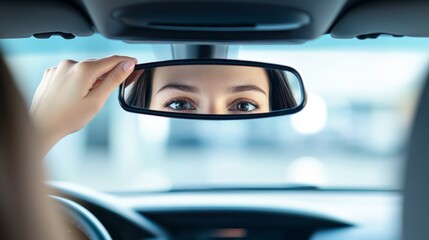 Close up of a young woman's eyes reflected in the rearview mirror as she adjusts it while driving, ensuring proper visibility and road safety