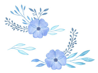 Watercolor Floral, watercolor flowers blue flower an branches Illustration. Hand painted isolated on white background.