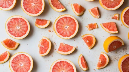 Grapefruit halves and segments arranged on a surface