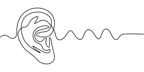 Continuous one line drawing of human ear with sound waves. One line drawing illustration of human ear. Parts of body concept one line. Editable outline, Continuous one line drawing of human ear.