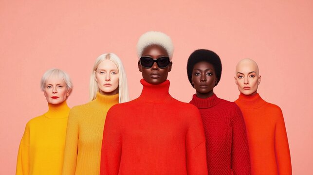 Diverse Fashion Editorial Featuring Models in Vibrant Sweaters Against Pink Background