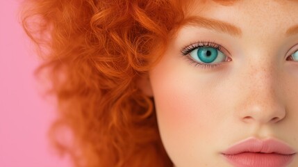 Fototapeta premium Bold Fashion Portrait of Model with Red Hair and Freckles Against Pink Background in High-Contrast Editorial Style Close-up