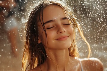 Obraz premium Joyful Young Woman Enjoying Sunlit Rain Shower Outdoors