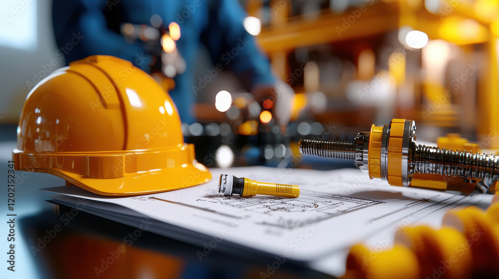 Poster construction helmet and tools on blueprints, symbolizing engineering work. scene captures focused en