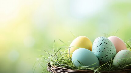 Close-up of Easter eggs in a basket. Selective focus