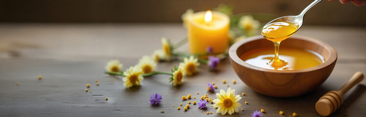 A wooden bowl filled with golden honey, with a spoon dripping honey above it. Wooden bowl filled with honey and dipper  on a rustic table. Long wide banner with space copy.
