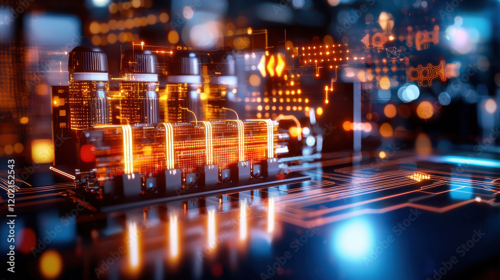 Poster futuristic hydroelectric facility with glowing elements and digital circuits, showcasing advanced te
