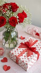 Naklejka premium Romantic Table Decor with Flowers and Gift for Valentine's Day