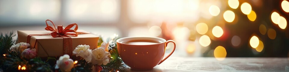 Fototapeta premium cup of tea gift and flowers. Selective focus
