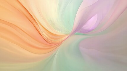 Obraz premium Soft pastel abstract background features gentle flowing waves of muted orange, green, and pink colors.