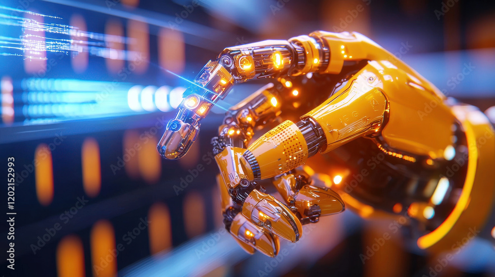 Poster beautifully composed 3d model of robotic arm in motion, showcasing intricate details and vibrant col