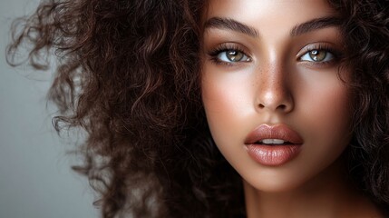 Beautiful fashion model posing with lush curly hair and freckles