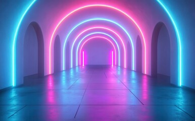 Obraz premium Futuristic Neon Light Corridor with Vibrant Arches and Reflective Floor, Perfect for Creative Spaces, Modern Interiors, and Artistic Conceptual Designs