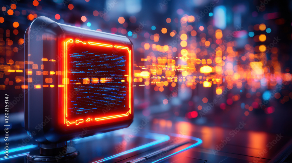 Poster futuristic tech hub featuring glowing computer processor with vibrant lights and digital data streams, creating dynamic and innovative atmosphere