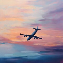 Gracefully Soaring Through Soft Evening Skies Airplane Silhouette Silhouetted Against a Radiant Sunset Backdrop with Warm Hues and Dramatic Clouds
