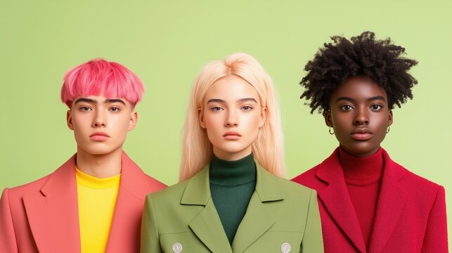 Fashion Shoot with Androgynous Style Featuring Diverse Models in Bold Colored Coats Against Green Background, Emphasizing Diversity and Modern Trends