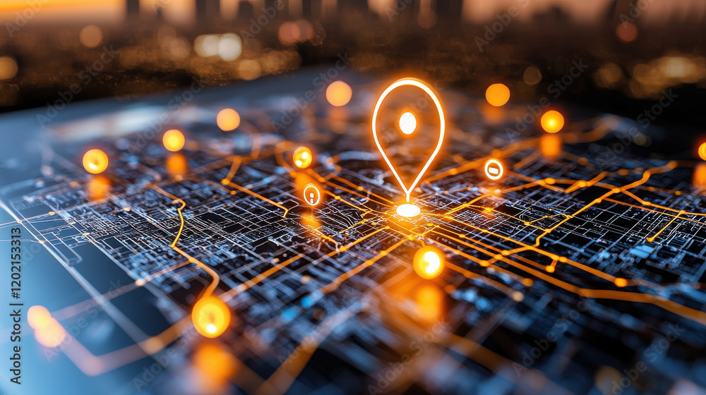 Poster digital map with glowing location markers, showcasing urban navigation and connectivity. vibrant colors and intricate details create modern and engaging visual experience