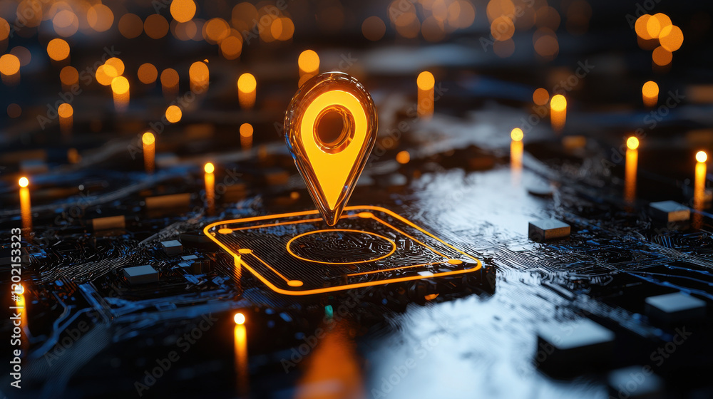 Aufkleber digital map with glowing location pin on circuit board, symbolizing technology and navigation. vibrant lights create futuristic atmosphere