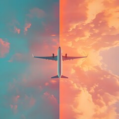 Naklejka premium High powered aerial journey as a commercial airliner silhouetted against the fading evening light climbs steadily into the atmospheric skies capturing the energy and excitement of air travel